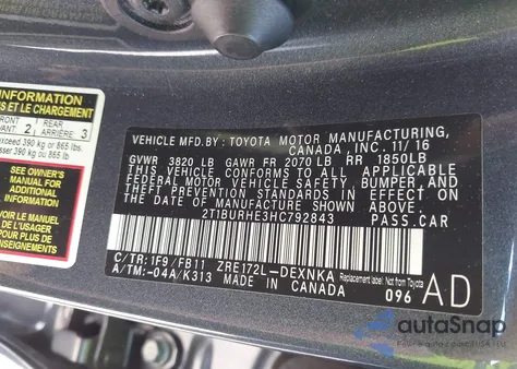 2017 Toyota Corolla Le из США, поврежденный, VIN 2T1BURHE3HC792843